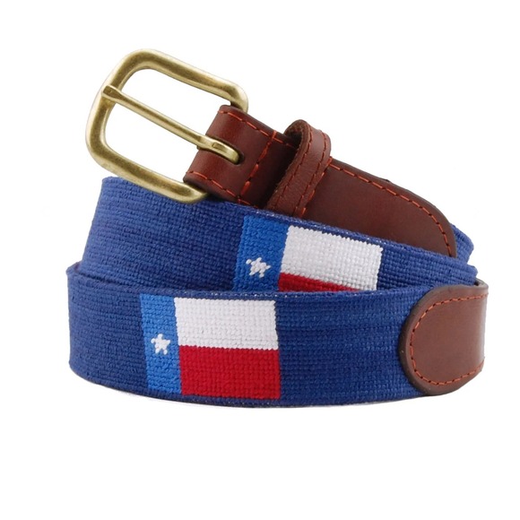Smathers & Branson Texas Flag Needlepoint Belt Navy Blue Leather Brass Size 42